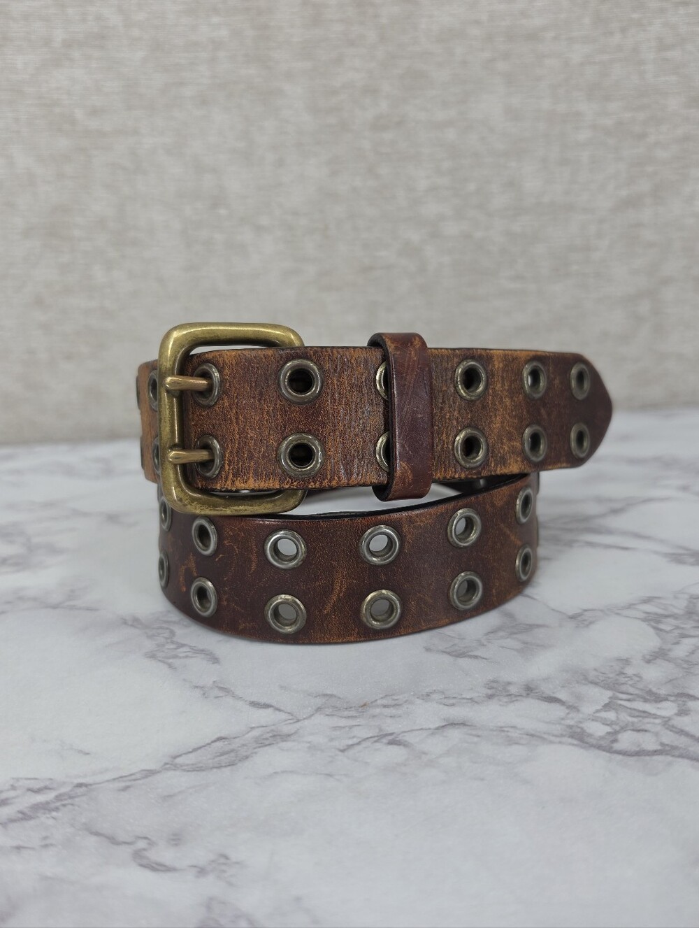 American Eagle Brown Leather Grommet Belt Double Prong Brass Buckle